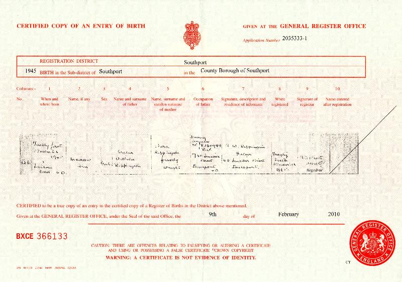 Rippington (Maureen Ann) 1945 Birth Certificate